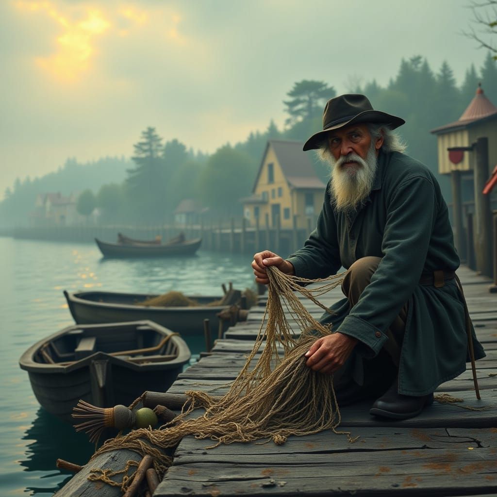 Wise Old Fisherman Mending Net on Pier at Dawn
