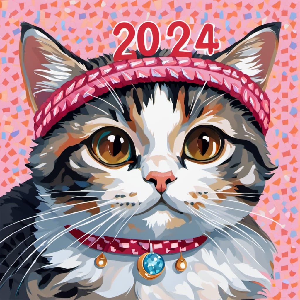 Cat Celebrates New Year 2024 with Fireworks