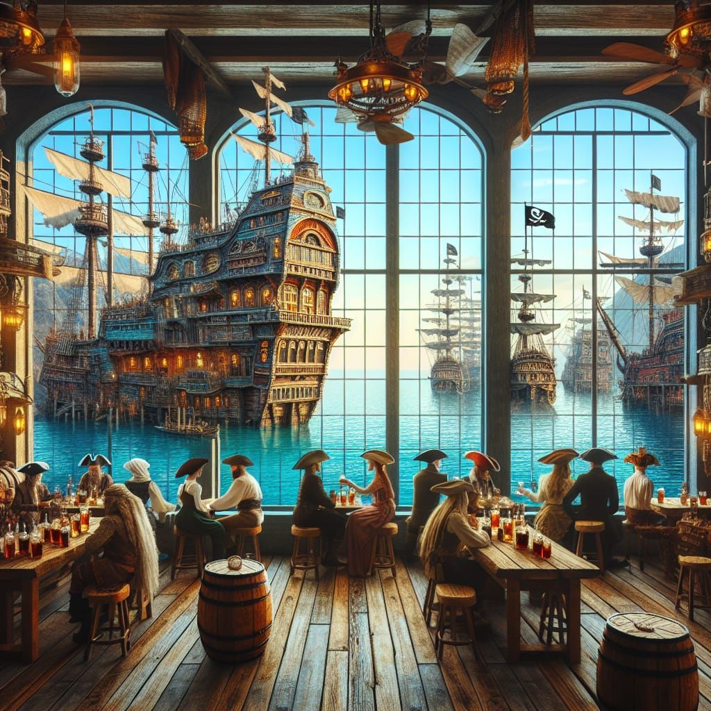 Vibrant Pirate Tavern with Majestic Harbor View