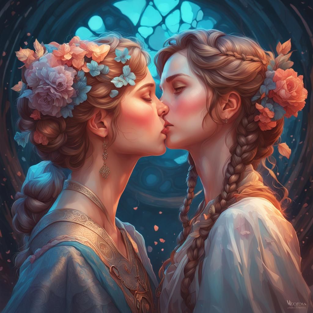 Two Girls Kissing: Hyperdetailed Portrait in Art Nouveau Sty...