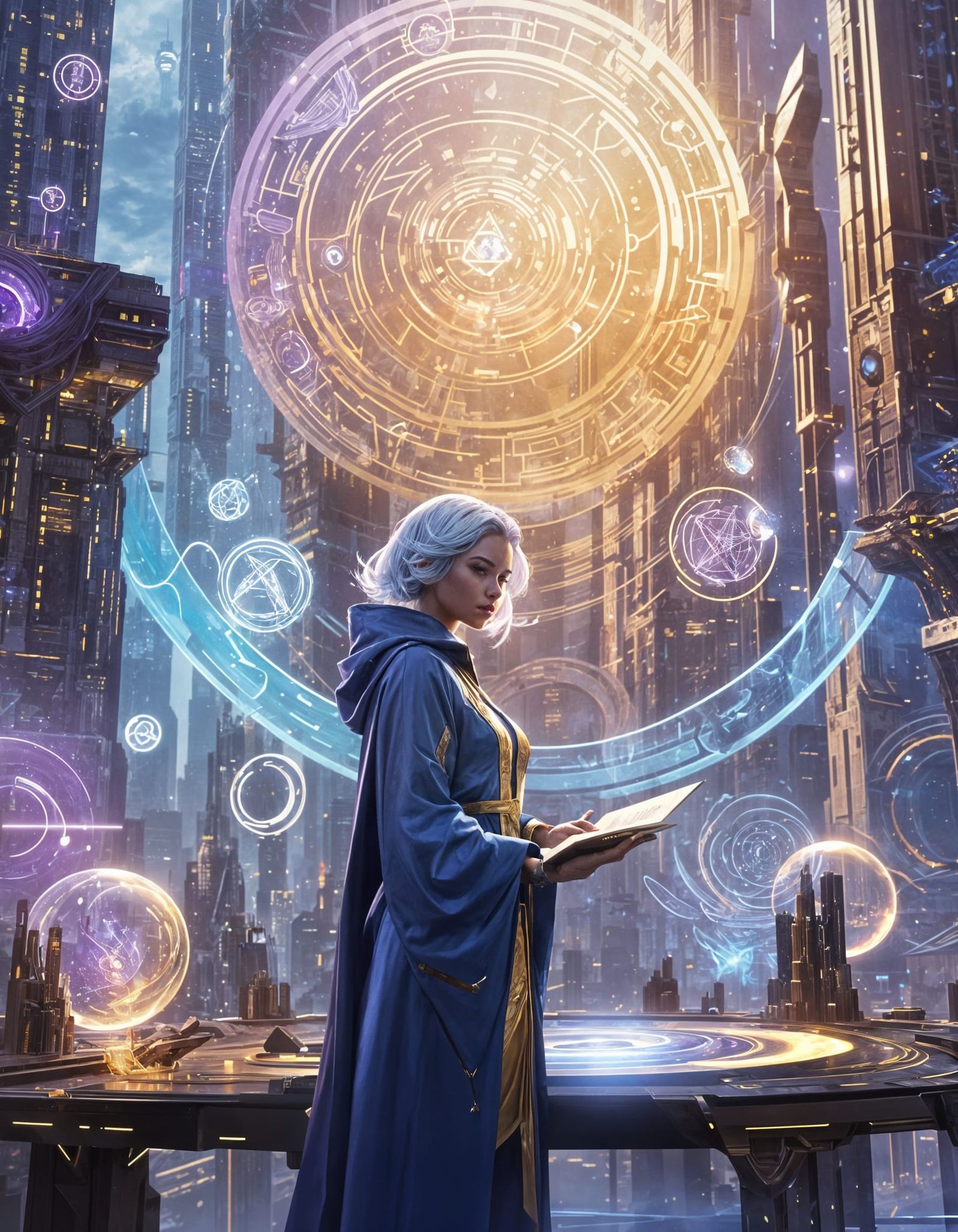 Mage-Engineer Drafting Arcane Blueprints in Futuristic Works...