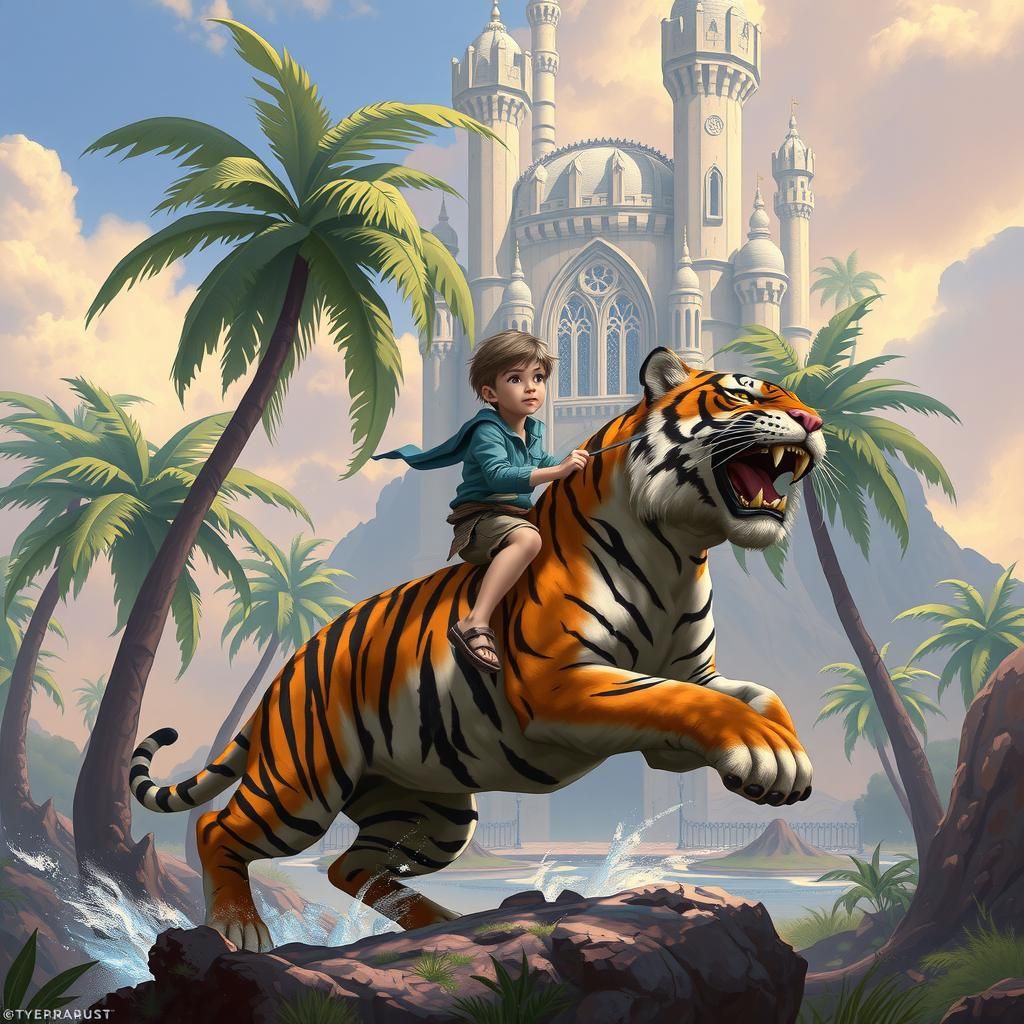 Boy Rides Tiger in Fantasy Landscape Painting