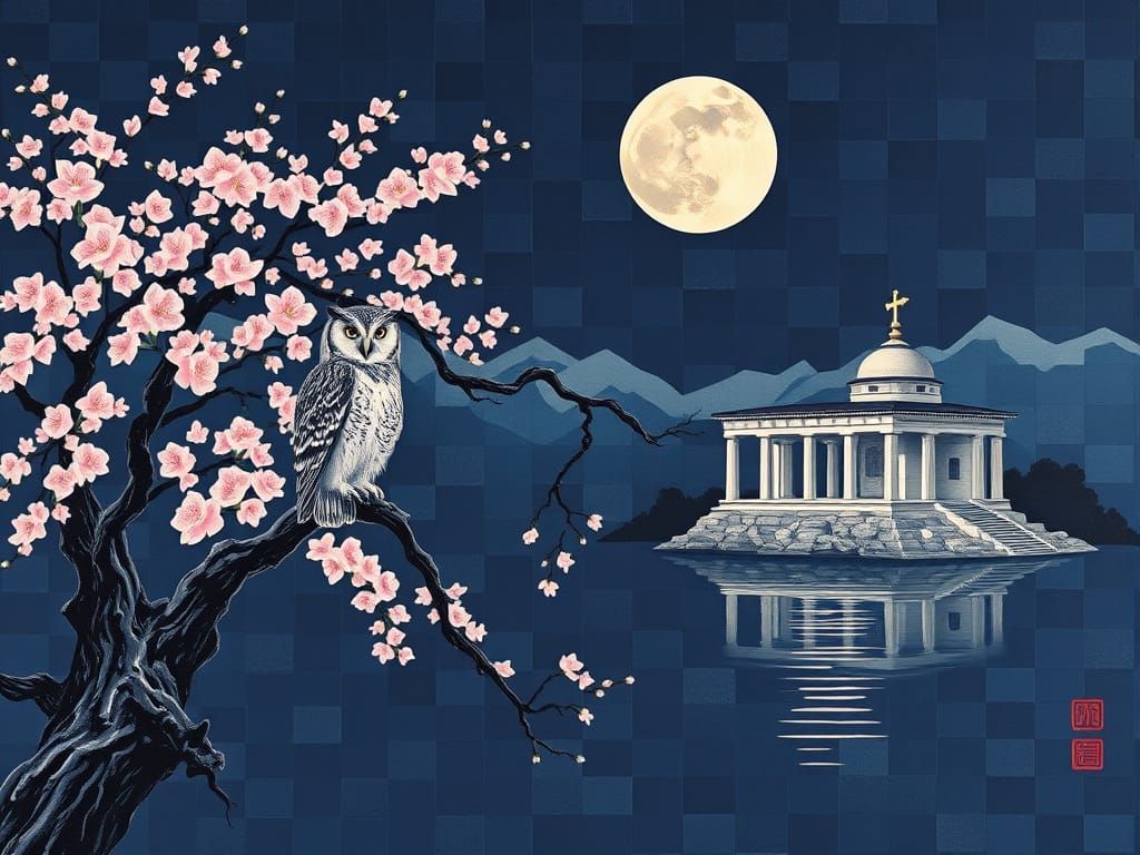 Moonlit Owl Amidst Sakura Bloom and Ancient Ruins