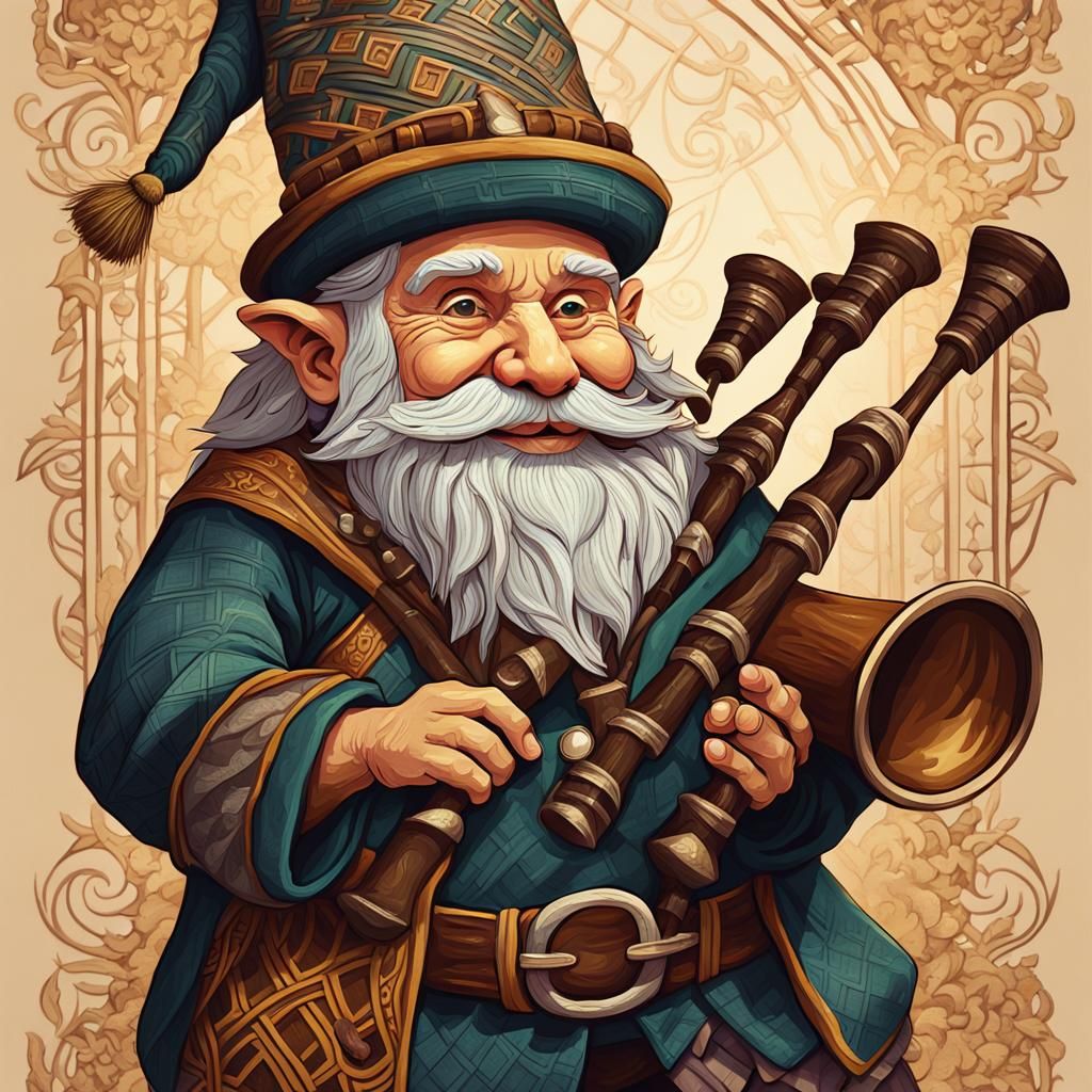 Whimsical Gnome Bagpiper in Traditional Folk-Inspired Style