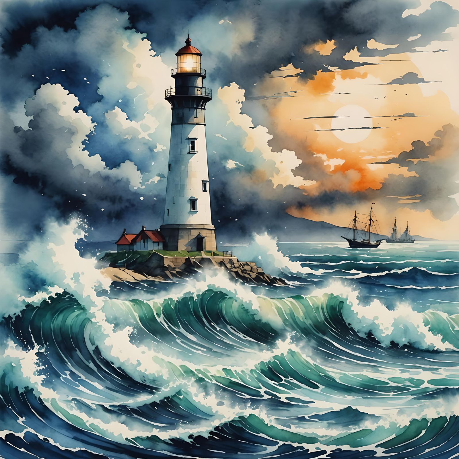 Stylized Watercolor Lighthouse Scene in a Storm