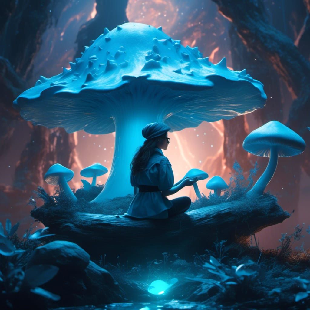 Woman Under Mushroom Holding Tooth in Magic Realism