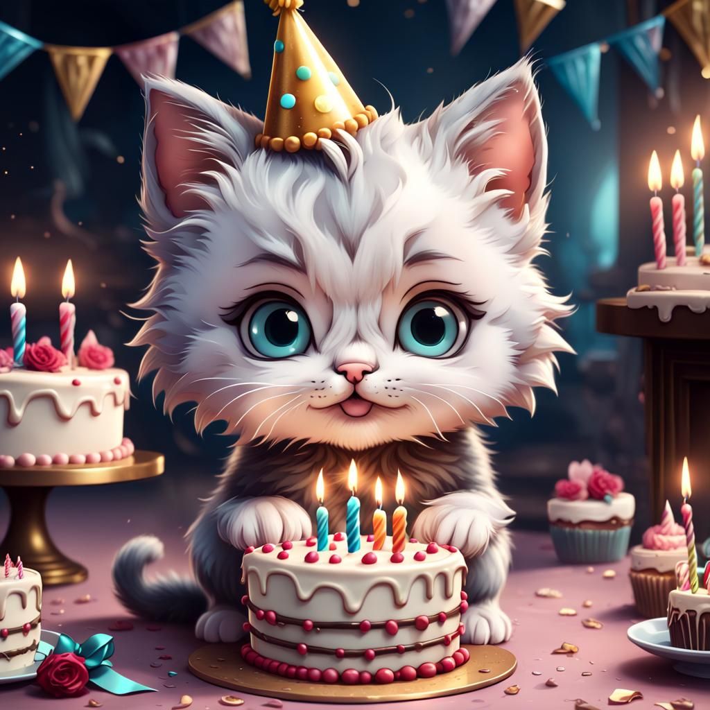 Chibi Kitten Celebrates Birthday in Digital Painting