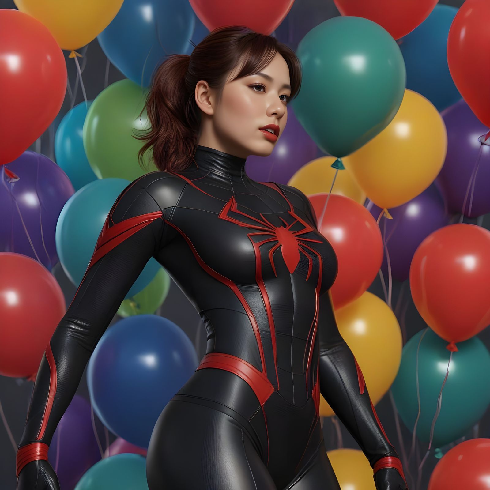Muscular Korean Spider-Woman in Black Rubber Suit