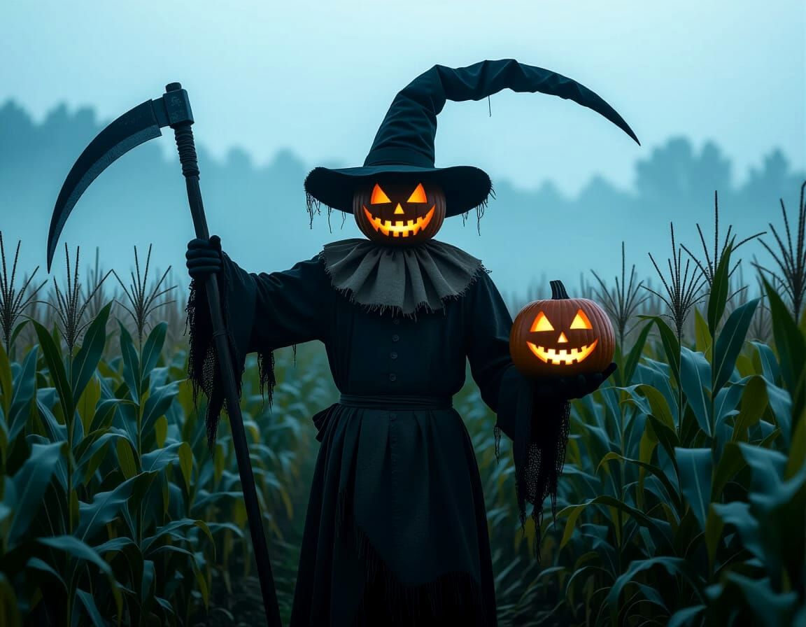 Sinister Scarecrow in Foggy Cornfield at Dusk