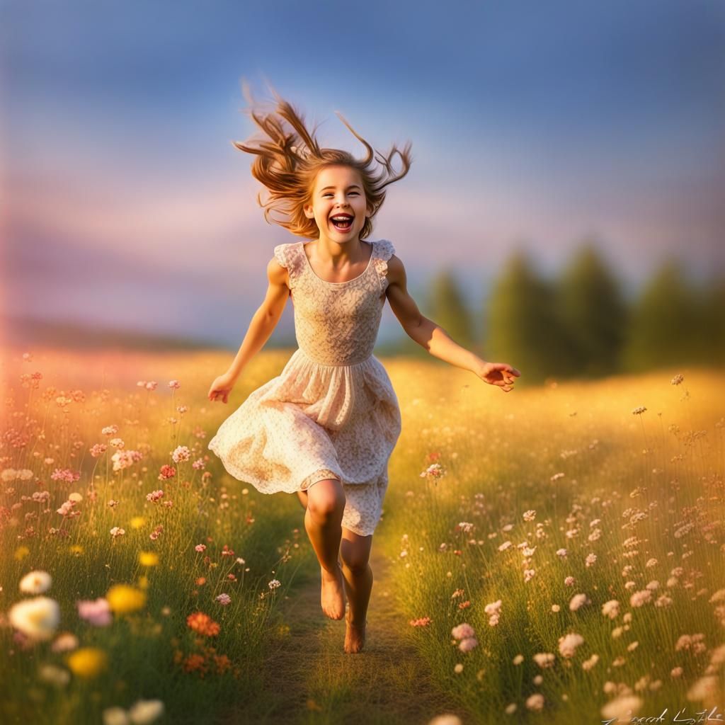 Young Lady Skipping in Spring Flower Meadow