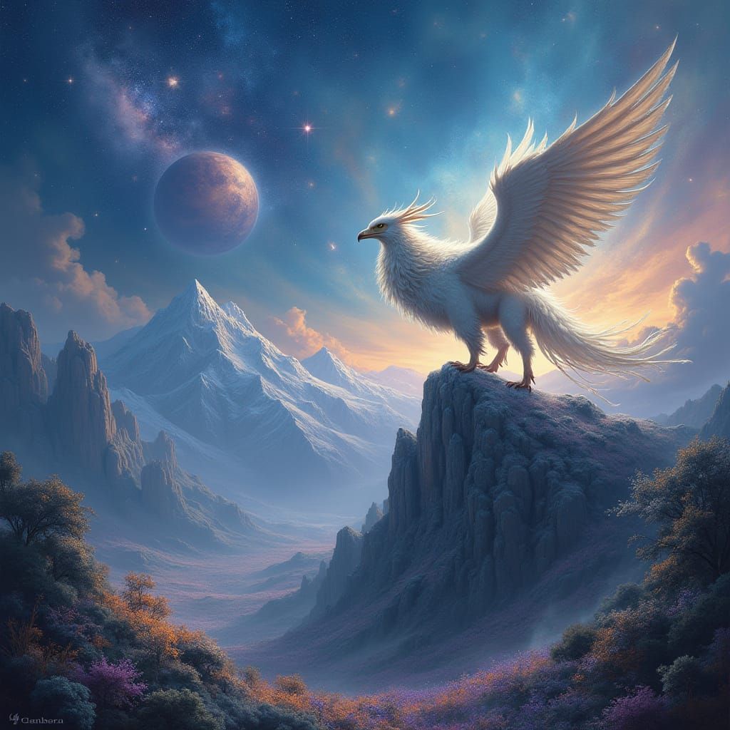 Ethereal Griffin soars over Starry Valley Landscape