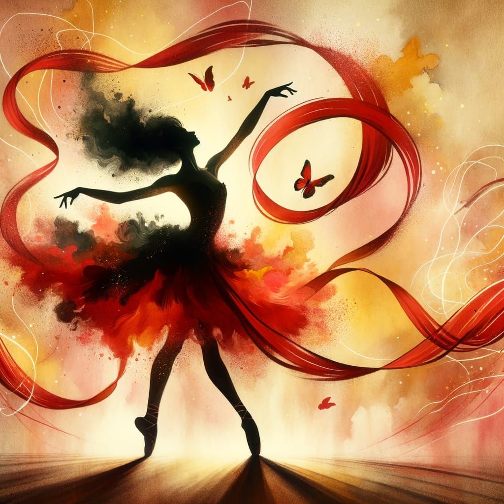Ballerina Silhouette in Motion with Red Accents