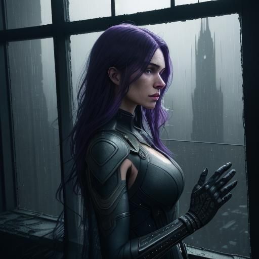 Woman Gazing Through Rain Speckled Window