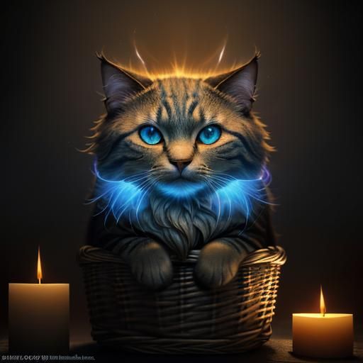 Serene Cat in Candlelight: Whimsical Fantasy Art