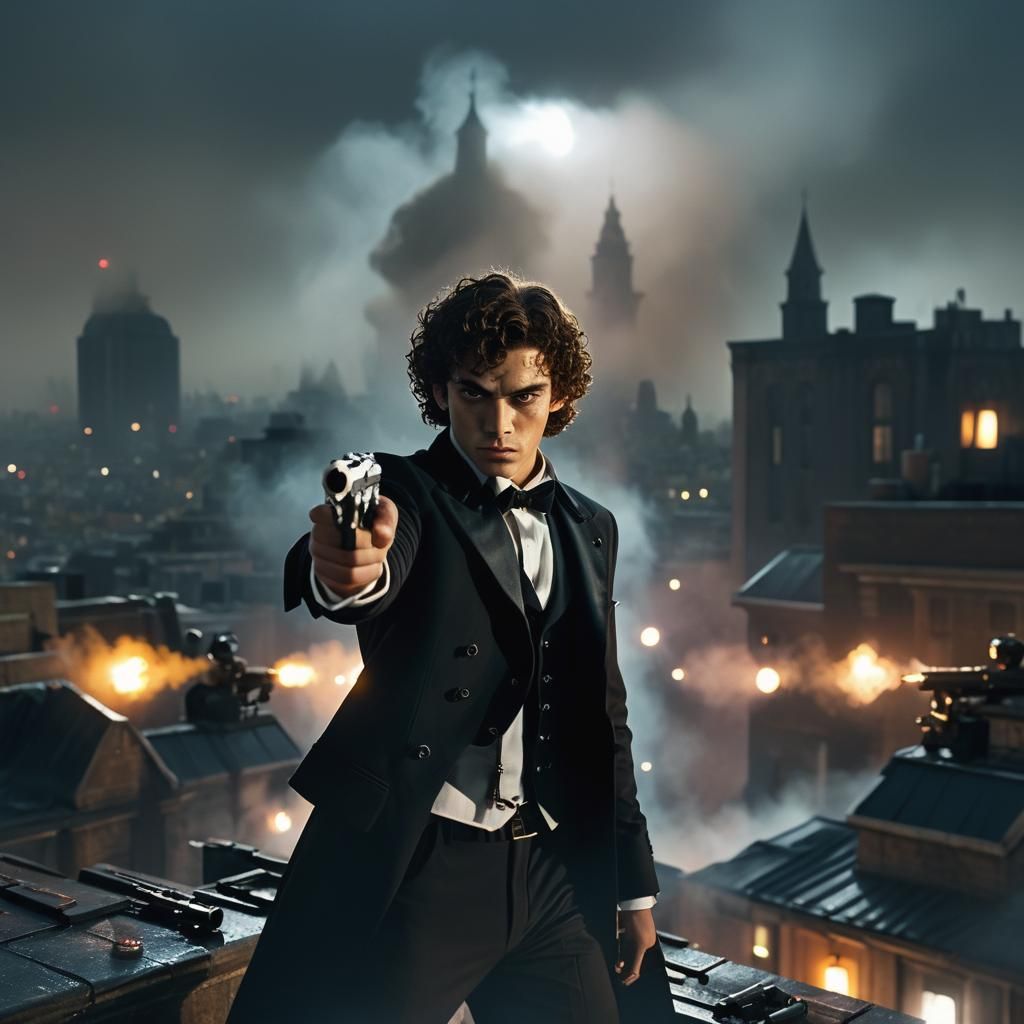 Teen Assassin Surrounded on Rooftops: Cinematic Film Still