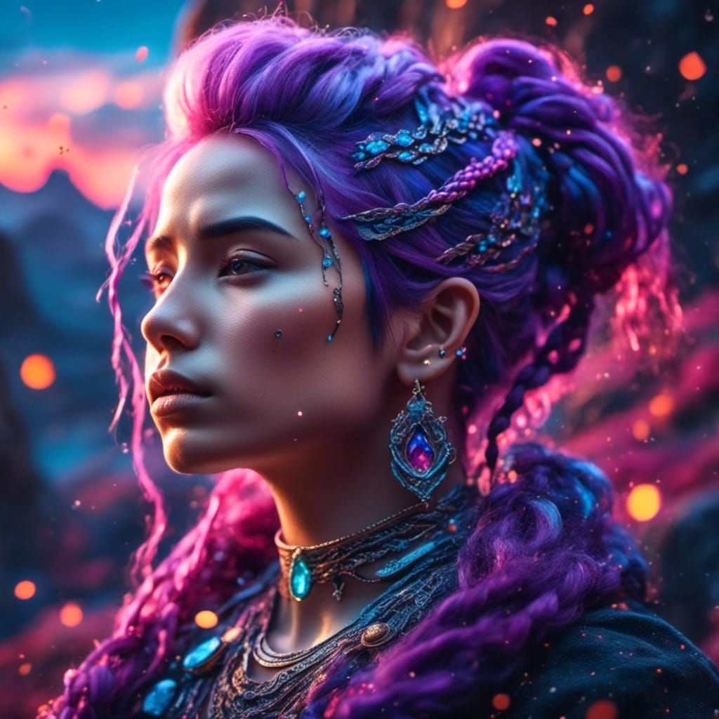 Anime-Inspired Portrait of Woman with Braided Purple Hair