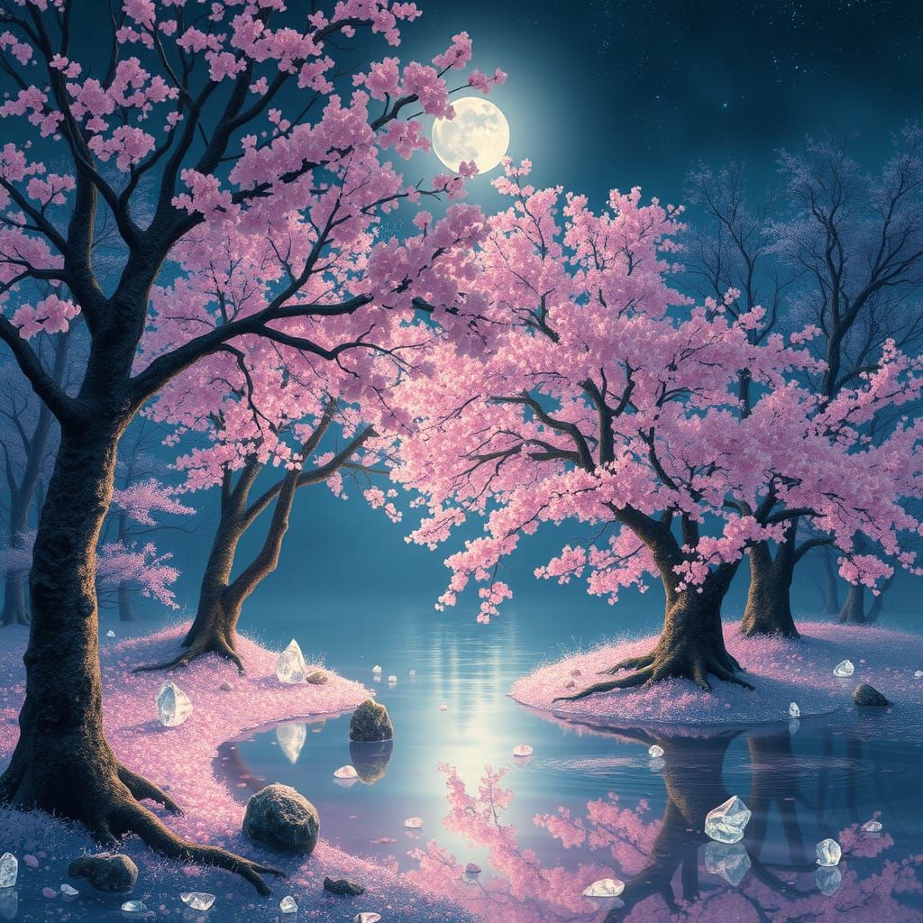 Crystalline Cherry Blossom Forest at Night