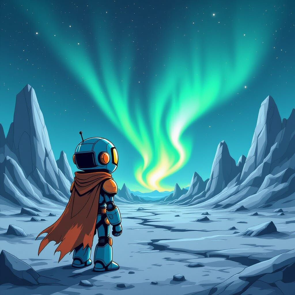 Cartoon Robot Gazing at Aurora on Alien Planet