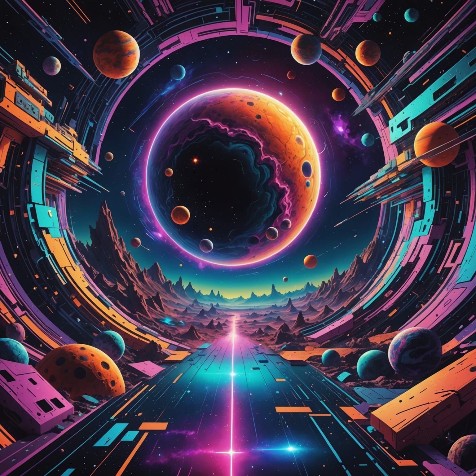 Surreal Cosmic Spacescape with Glitchcore Elements