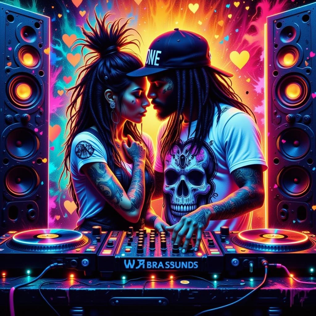 DJ Mixing Music with Hearts Flowing in Dynamic Mural Style