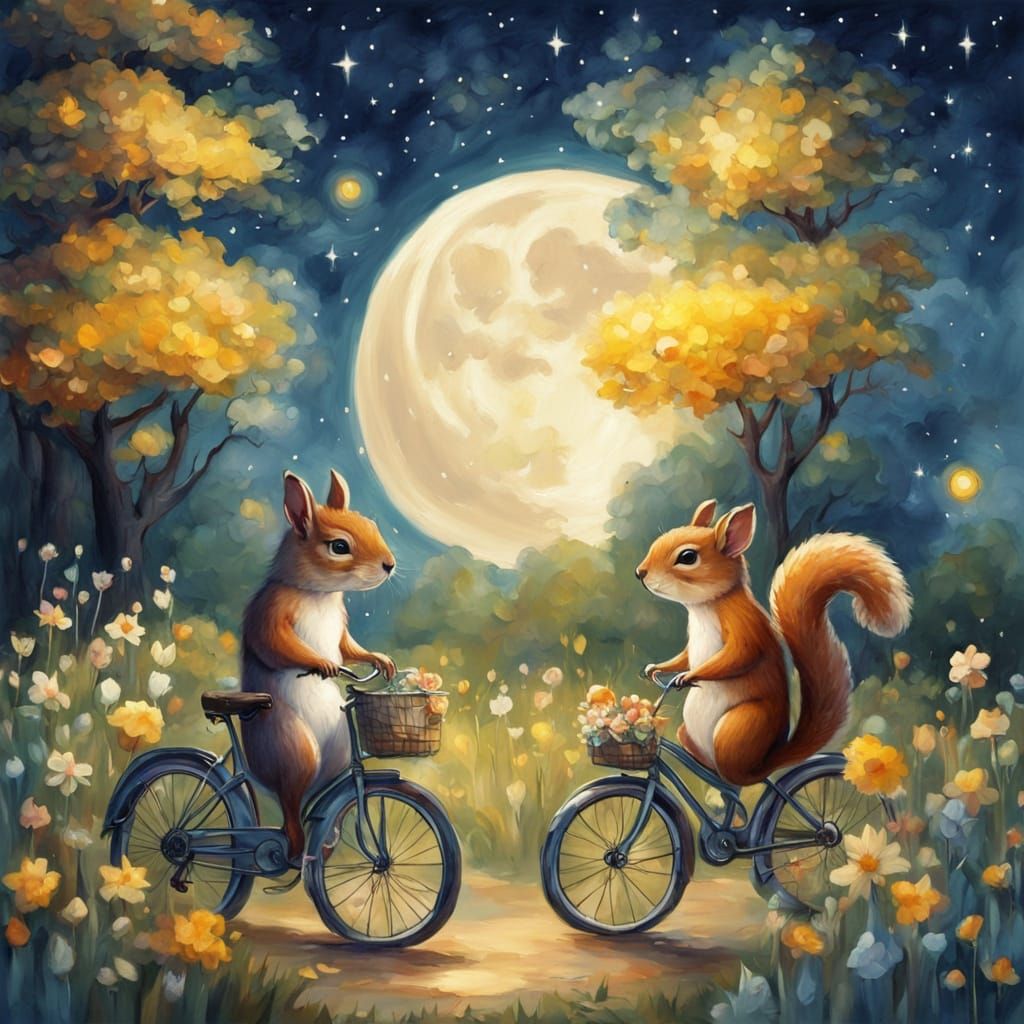 Squirrels Ride Bicycle Under Starry Night Sky in Whimsical G...