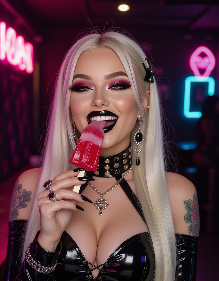 Glamorous Goth Woman Licking Ice Lolly in Neon Club