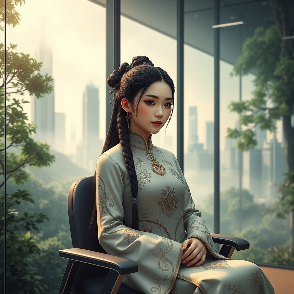 Enchanted Hanfu Maiden in Modern Skyscrapers