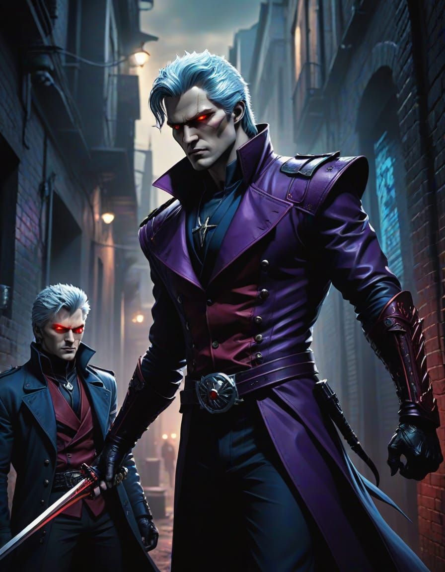 Dante and Vergil Stand Ready in Dark, Gothic City Alleyway