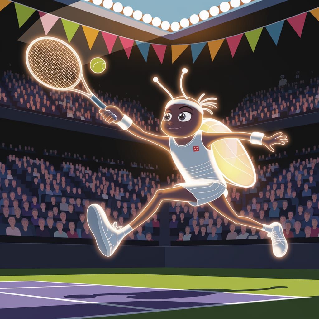 Snow Bug Mid-Leap in Tennis Stadium, Digital Art