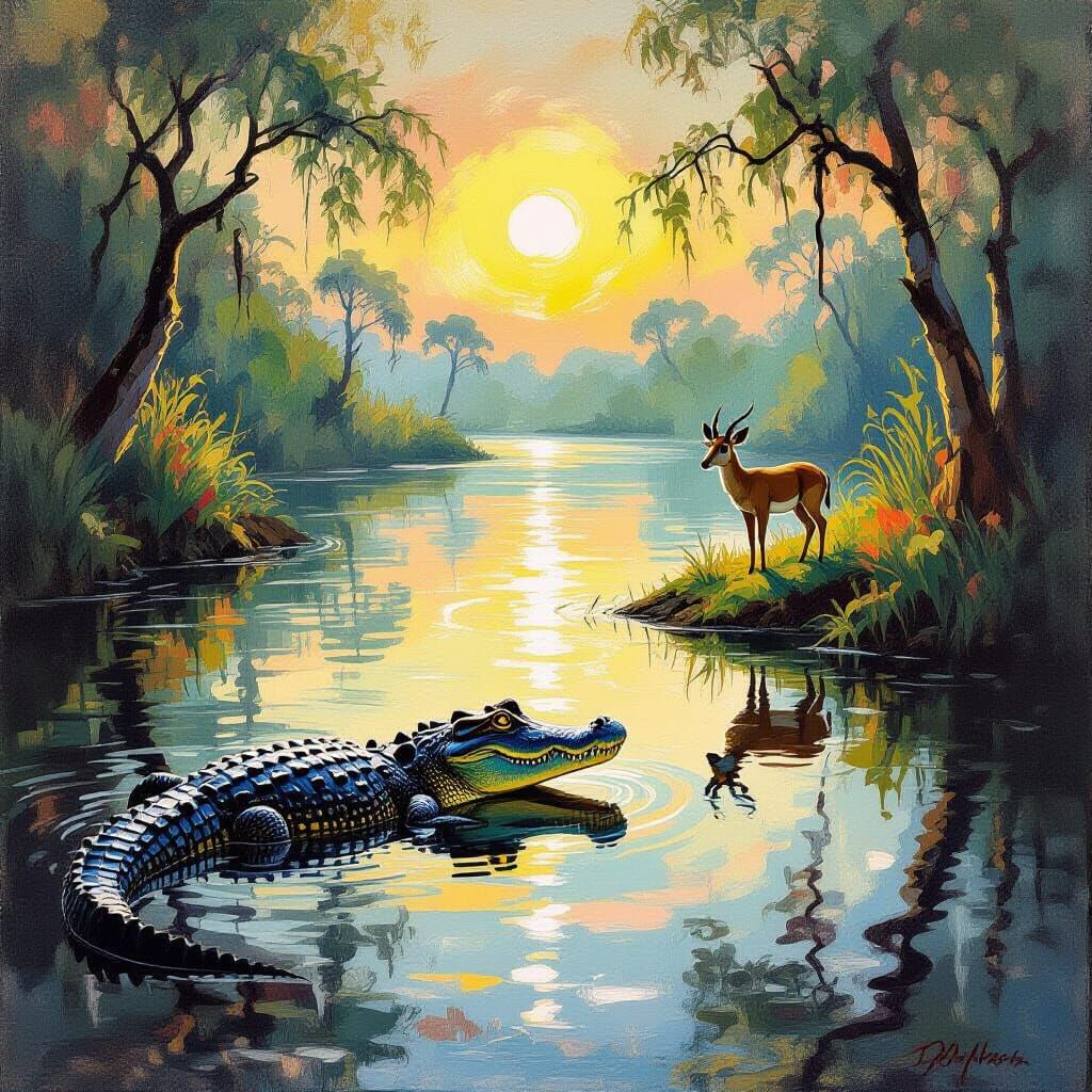 Surreal Crocodile in River as Impressionist Painting