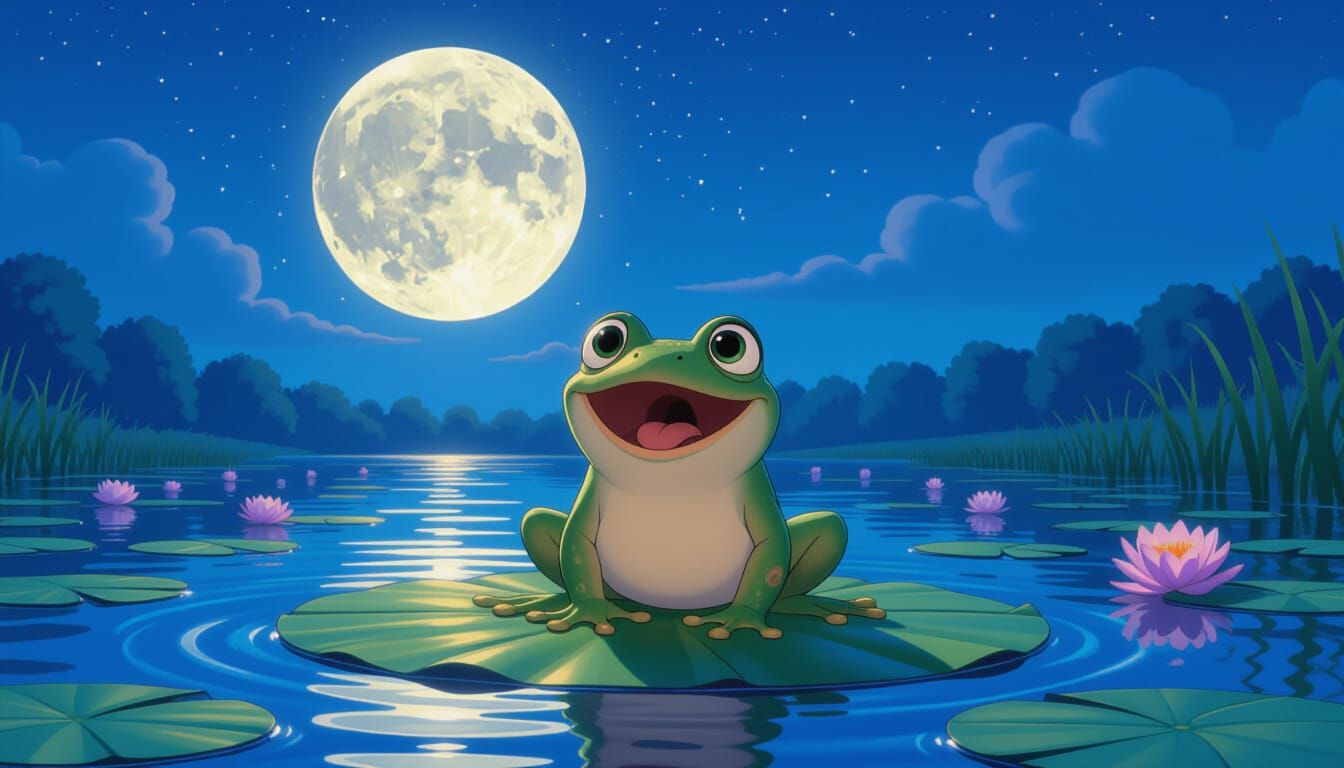 Frog Mesmerized by Moon, Pixar Cartoon Aesthetic