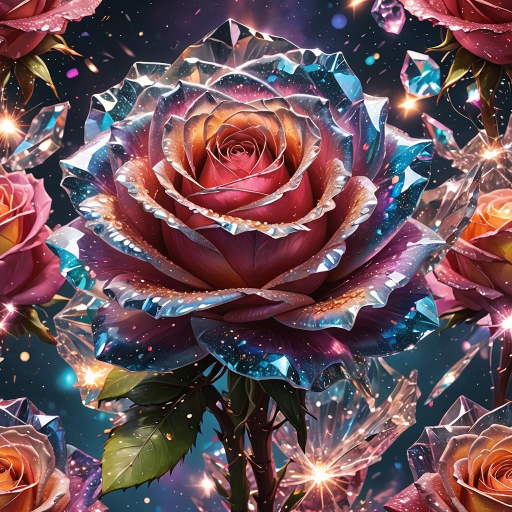 Crystal Rose Surrounded by Starlight in Hyperrealistic Style