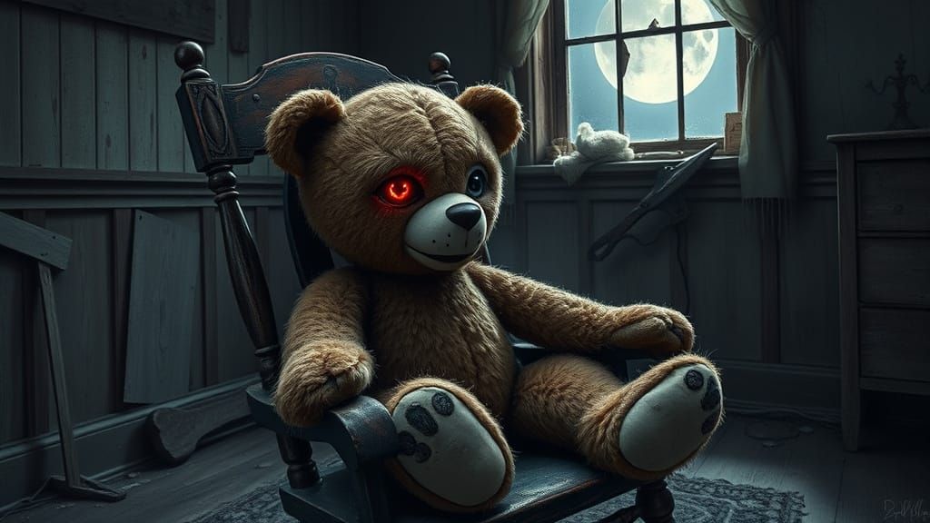 Menacing One-Eyed Teddy Bear Glows Red in Dark Fantasy Nurse...