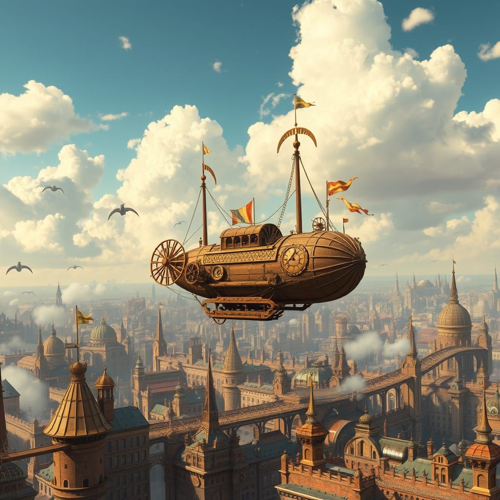 Steampunk Airship Soars Above Fantastical Cityscape