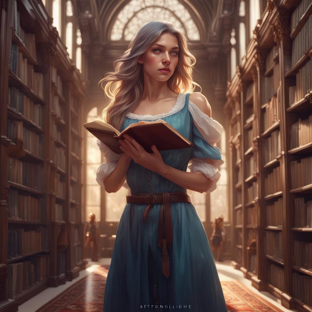 Girl Reading in Library: Hyperdetailed Digital Portrait