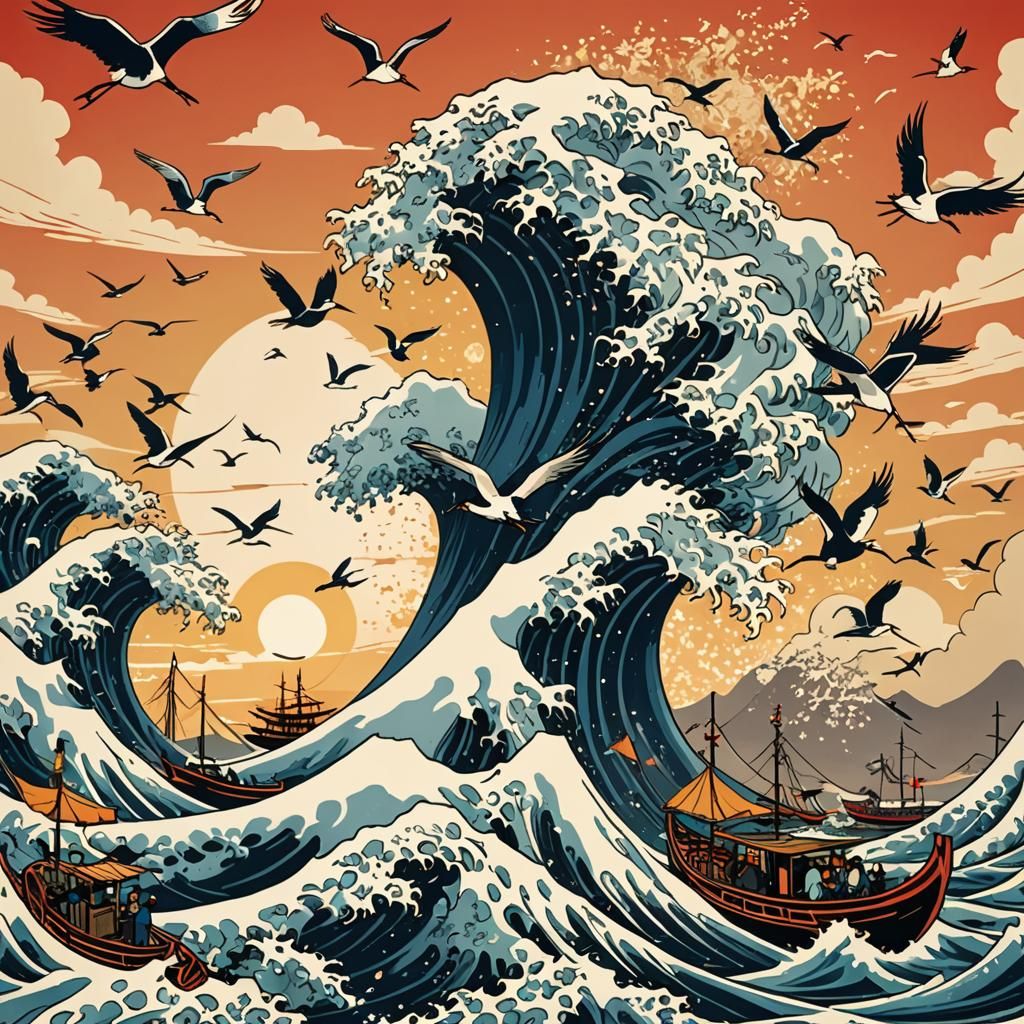 Great Wave with Cranes: Ukiyo-e Digital Art