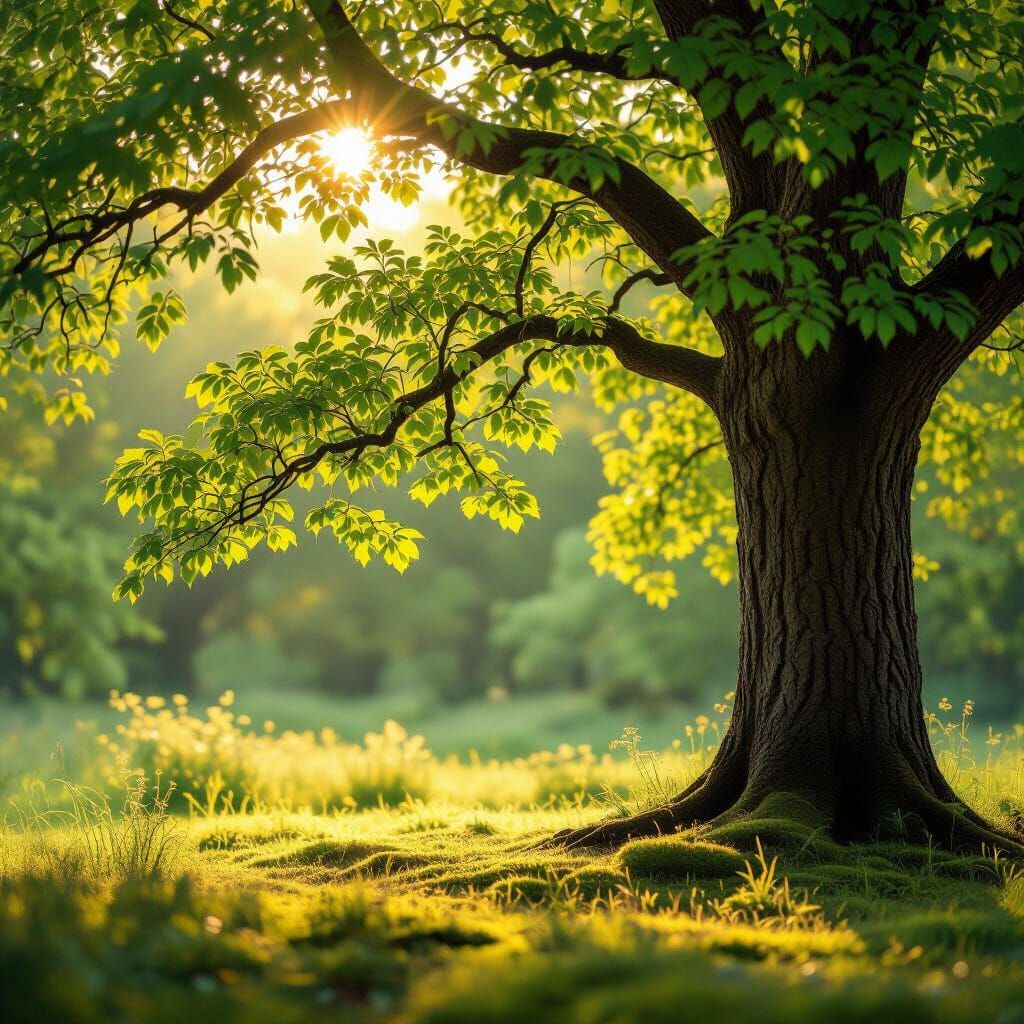 Lone Tree in Sun-Dappled Clearing, Golden Hour