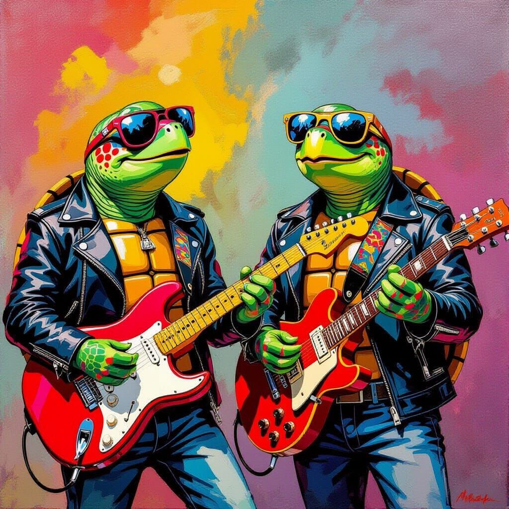 Singing Turtles Playing Guitars in Neo-Expressionist Style