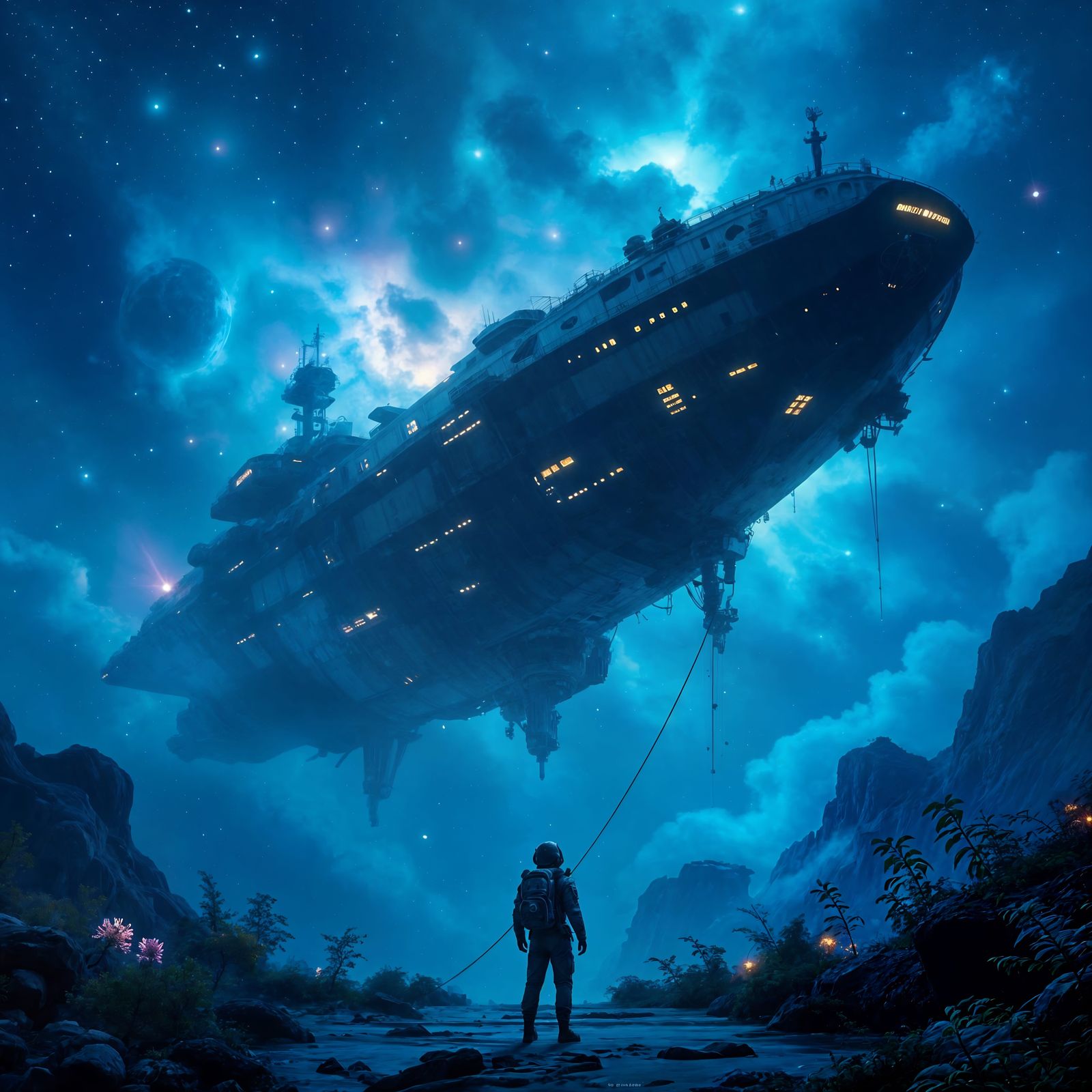 Cosmonaut Explores Nebula from Overgrown Spaceship