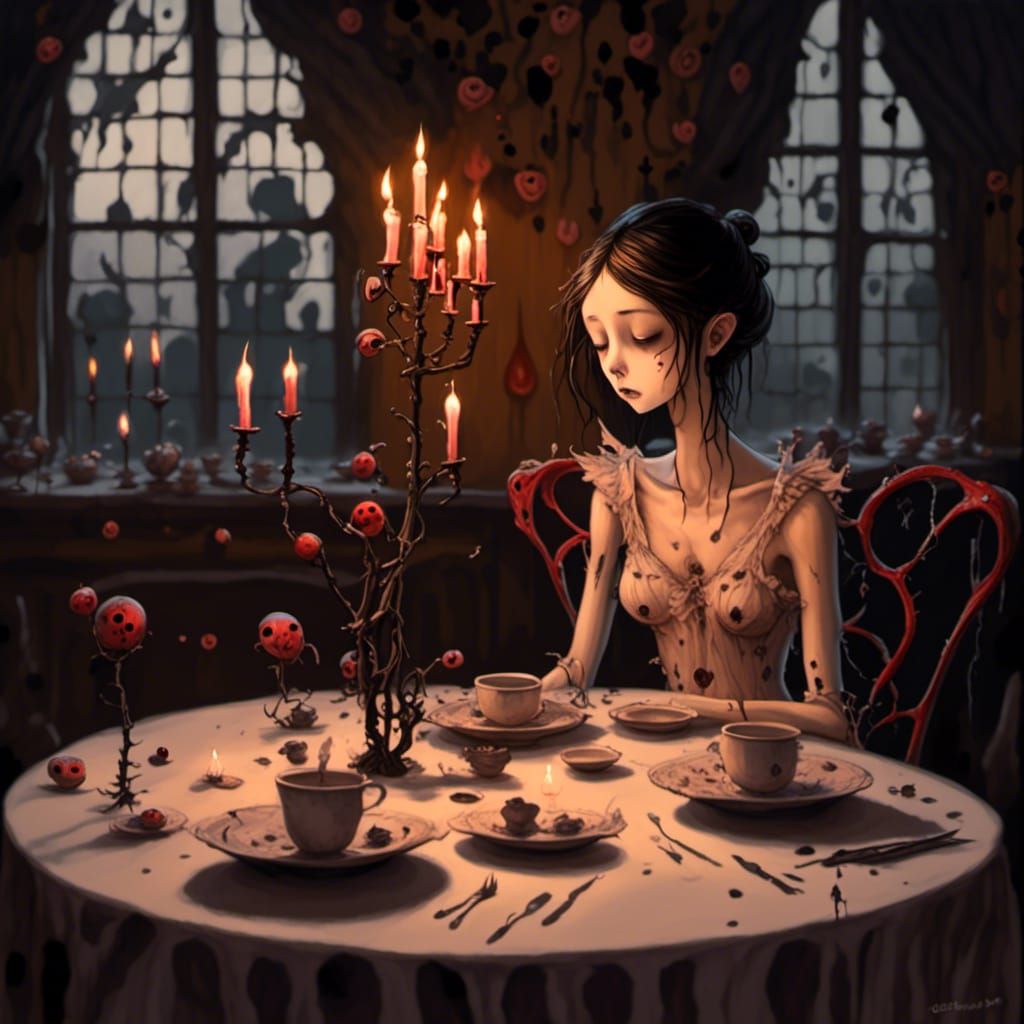 Melancholic Woman at Candlelit Dinner in Klimt Style