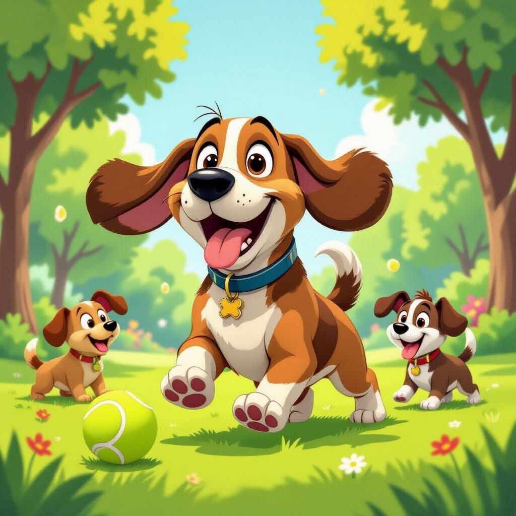 Cartoon Basset Hound Chases Ball in Sunny Park