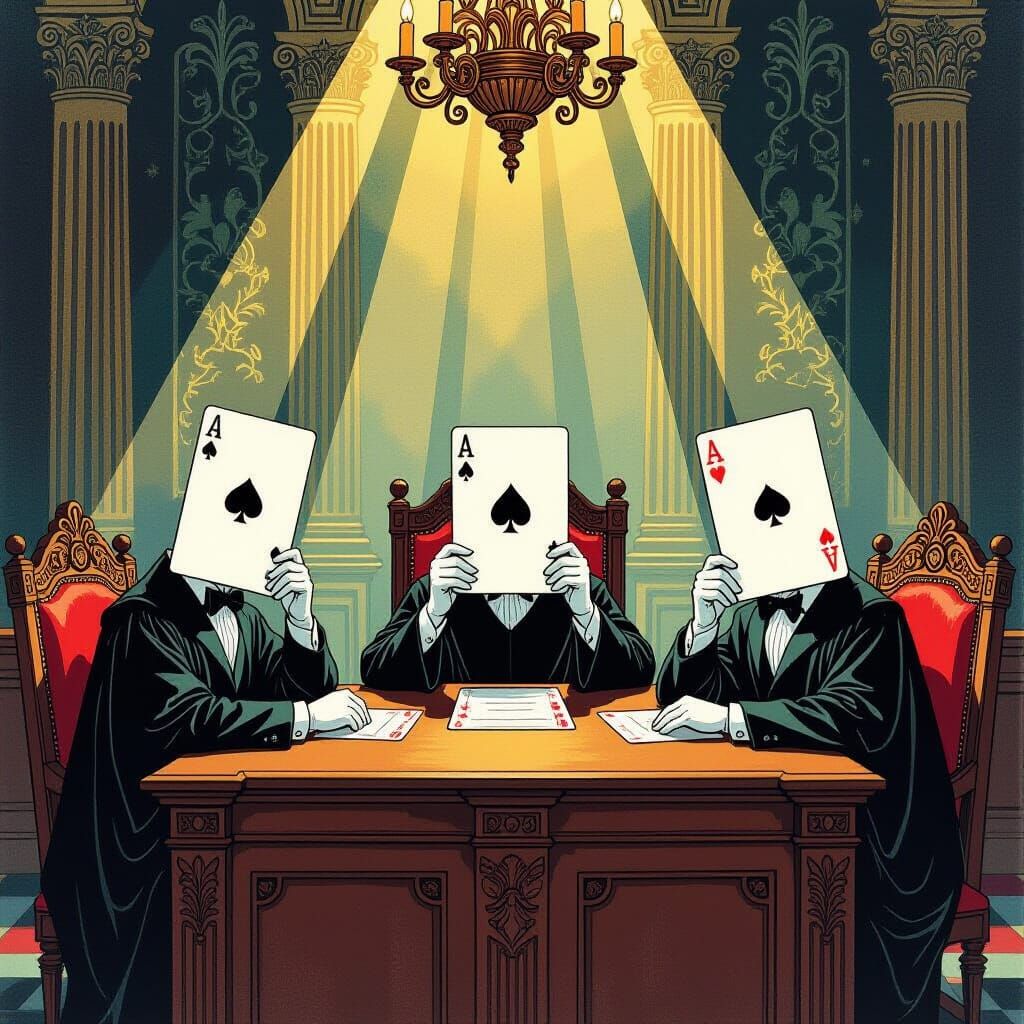 Playing Cards in Courtroom: A Whimsical Gouache Painting