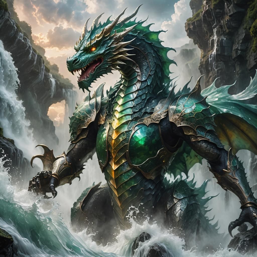 Knight and Crystal Dragon in Underwater Standoff