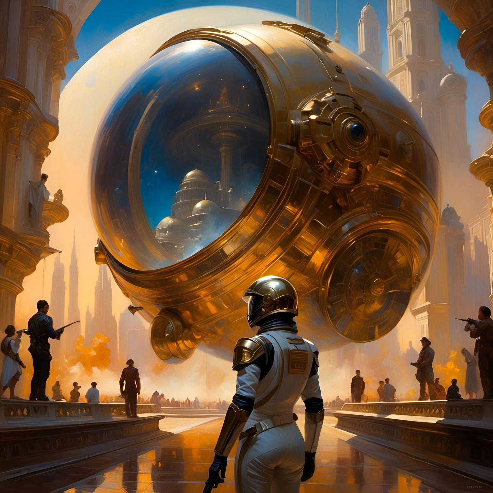 Cosmic Astronaut Helmet Reflecting Futuristic City