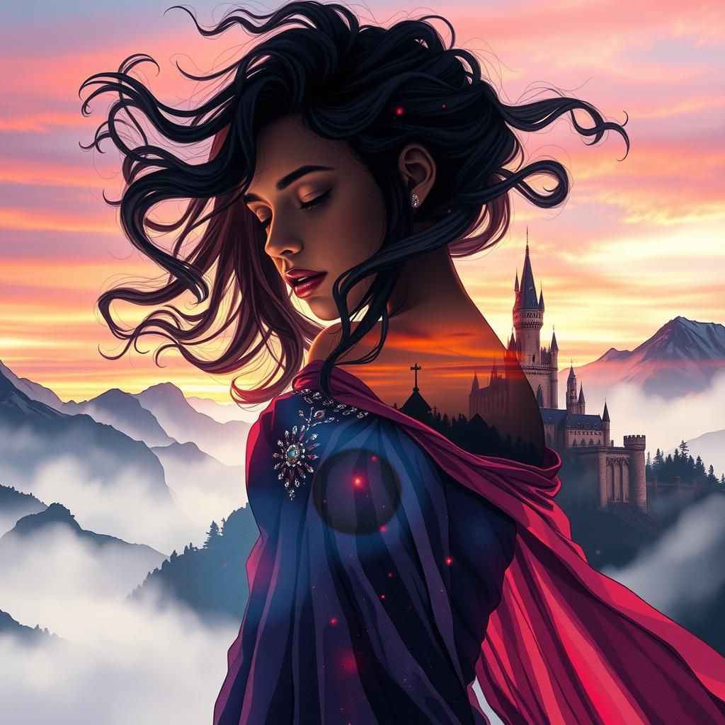 Ethereal Woman with Smoke Hair and Mountain Castle