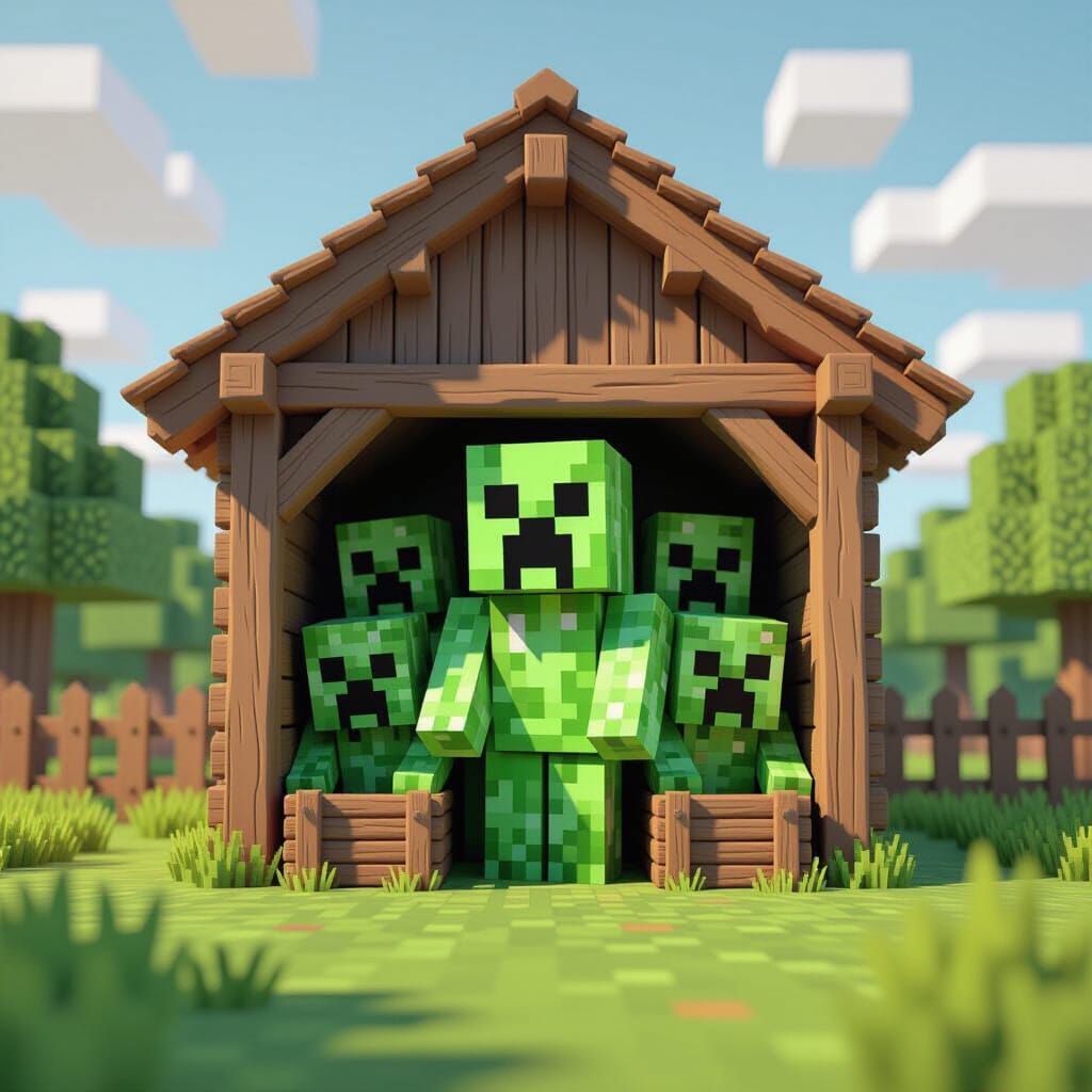 Minecraft Creeper Farm in Pixar-Style 3D Rendering