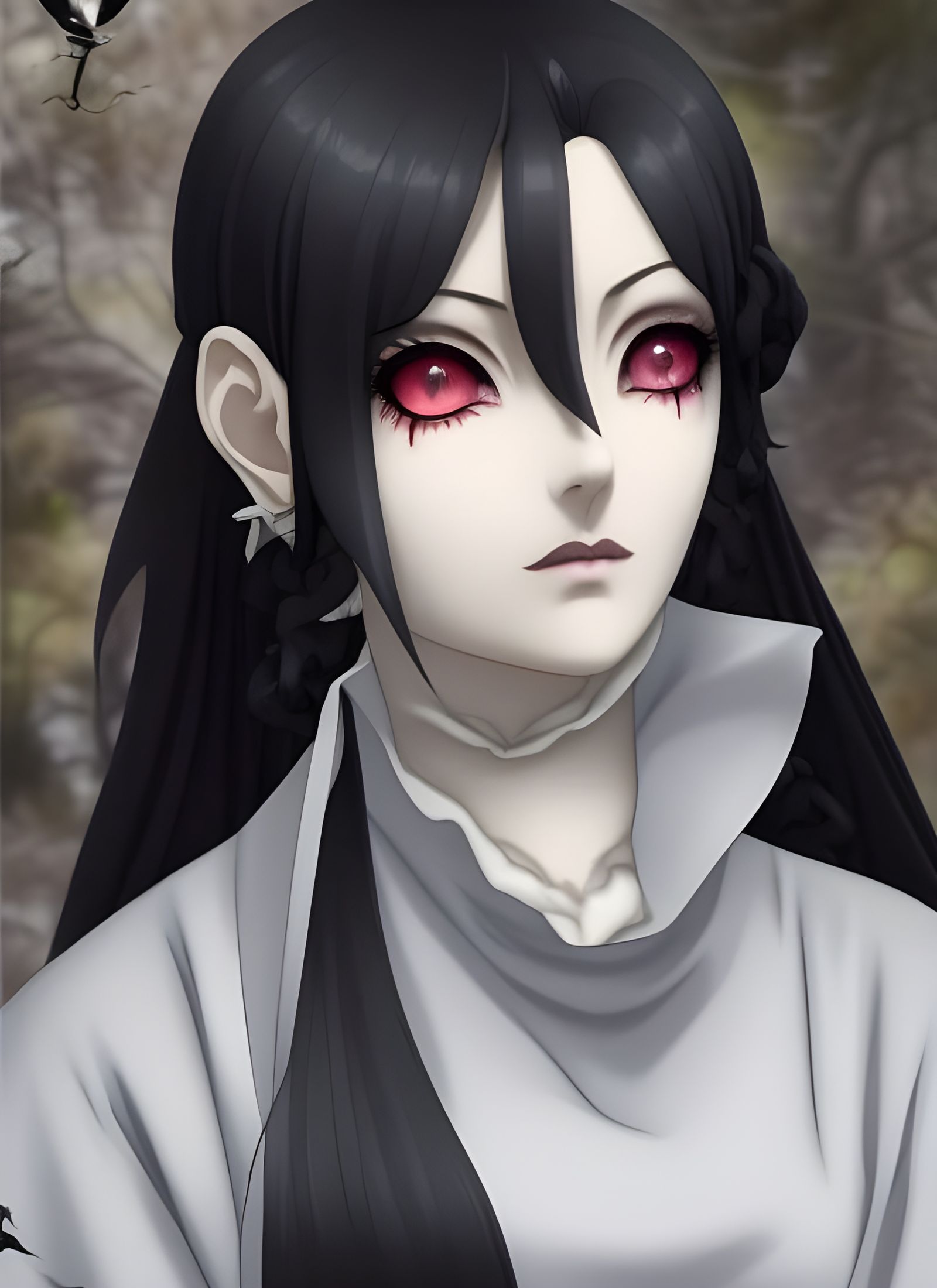 Timid Goth Woman Under Silver Moon, in Anime Style