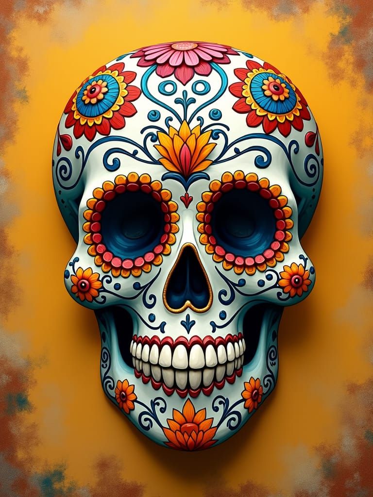 Ornate Sugar Skull in Mexican Folk Art Style
