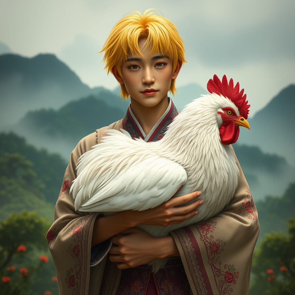 Vibrant Hanbok-Wearing Warrior Embraces Mythical Chicken in ...