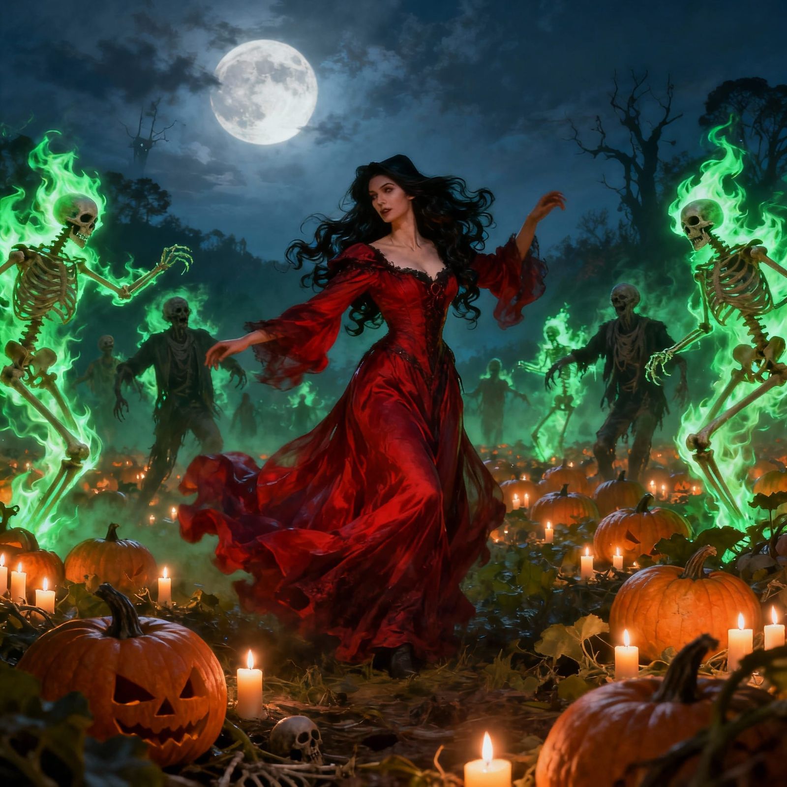 Witch in Haunted Pumpkin Field with Zombies and Skeletons